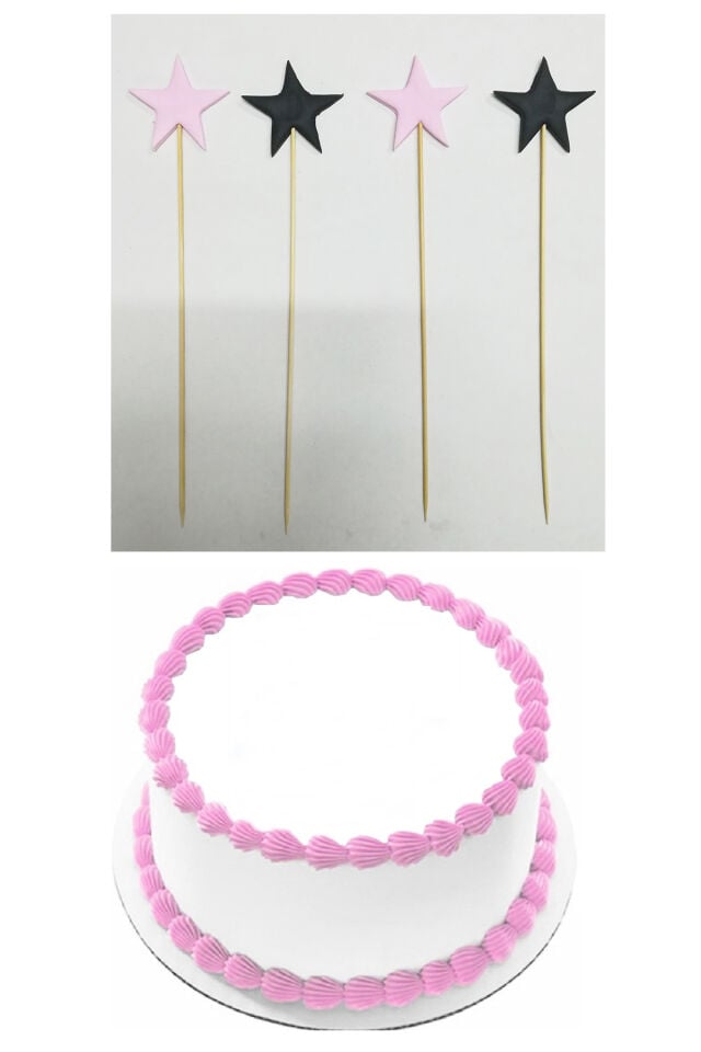 Şeker Hamurundan Yıldız  Pembe Siyah Pasta Süsü