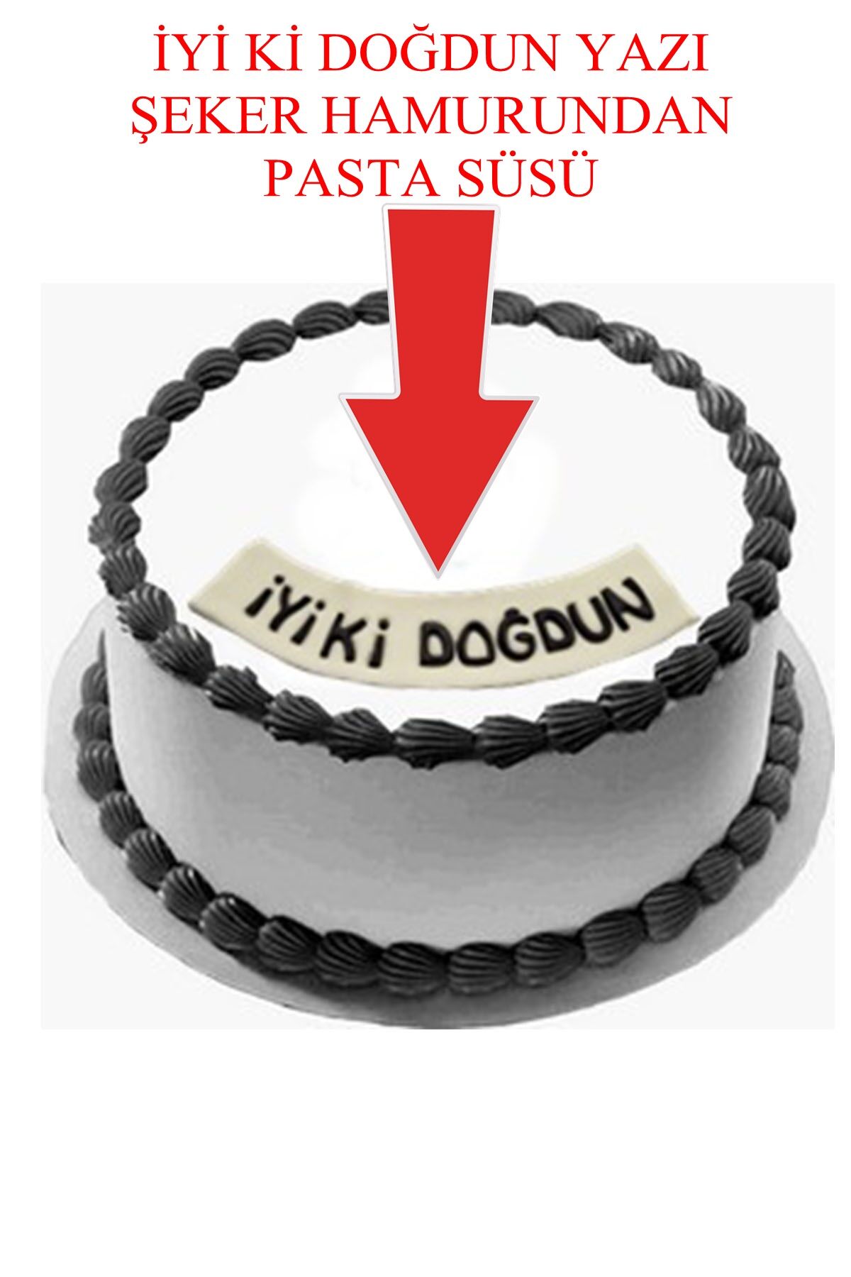 Şeker Hamurundan İyi Ki Doğdun Beyaz Üzerine Siyah Yazı Pasta Süsü