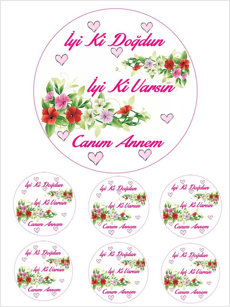 Yenilebilir Pasta Resmi Anne  Doğum Günü Model 6-8-10 Kişilik Pastaya Uygun 16 cm Ebat