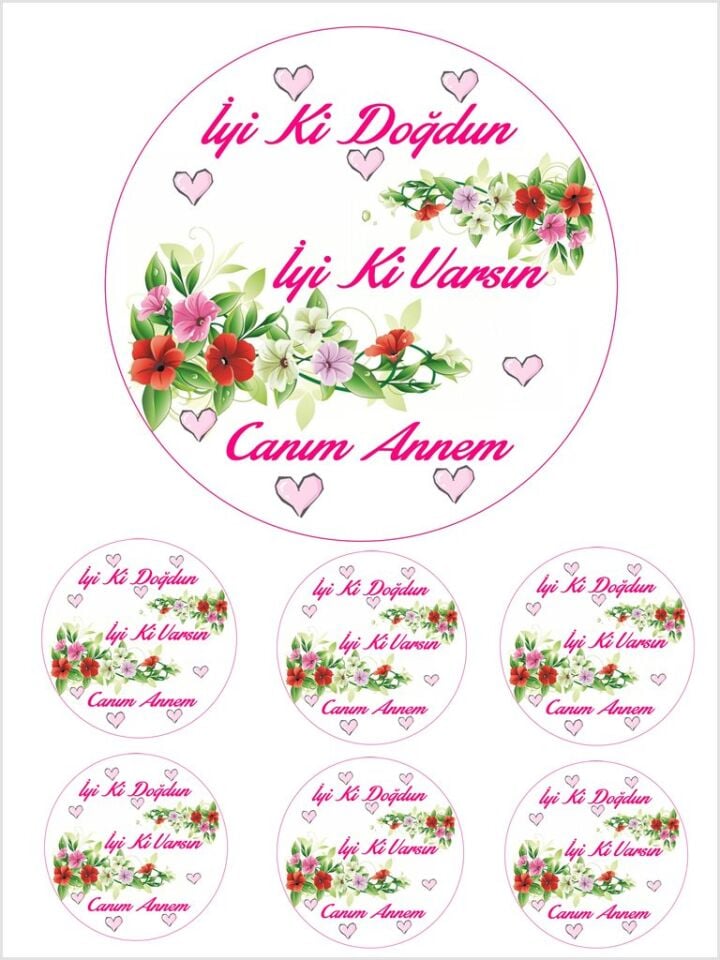 Yenilebilir Pasta Resmi Anne  Doğum Günü Model 6-8-10 Kişilik Pastaya Uygun 16 cm Ebat