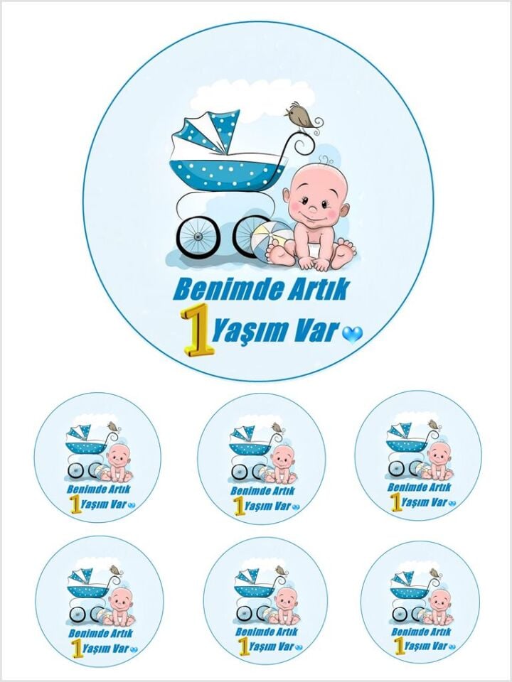Yenilebilir Pasta Resmi Bir Yaş Erkek Temalı Model 6-8-10 Kişilik Pastaya Uygun 16 cm Ebat