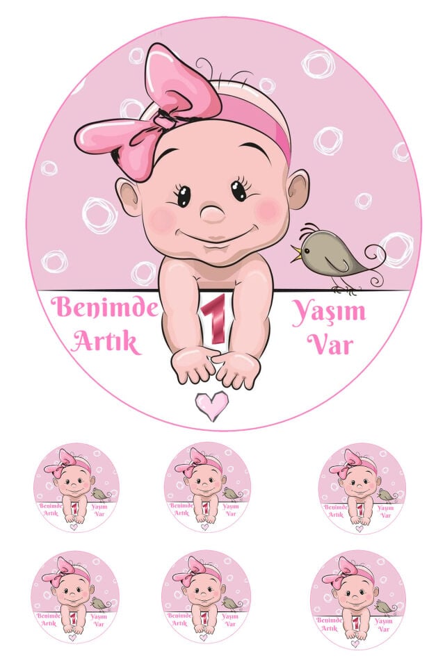 Yenilebilir Pasta Resmi Bir Yaş Kız Temalı Model 6-8-10 Kişilik Pastaya Uygun 16 cm Ebat
