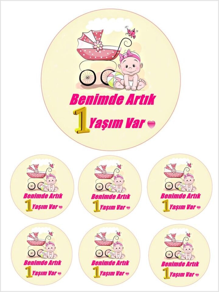 Yenilebilir Pasta Resmi  Bir Yaş  Kız Temalı Model 6-8-10 Kişilik Pastaya Uygun 16 cm Ebat