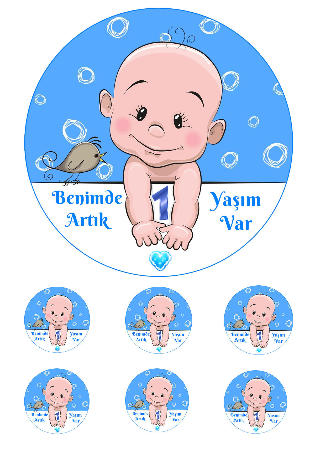 Yenilebilir Pasta Resmi  Bir Yaş  Erkek Temalı Model 6-8-10 Kişilik Pastaya Uygun 16 cm Ebat