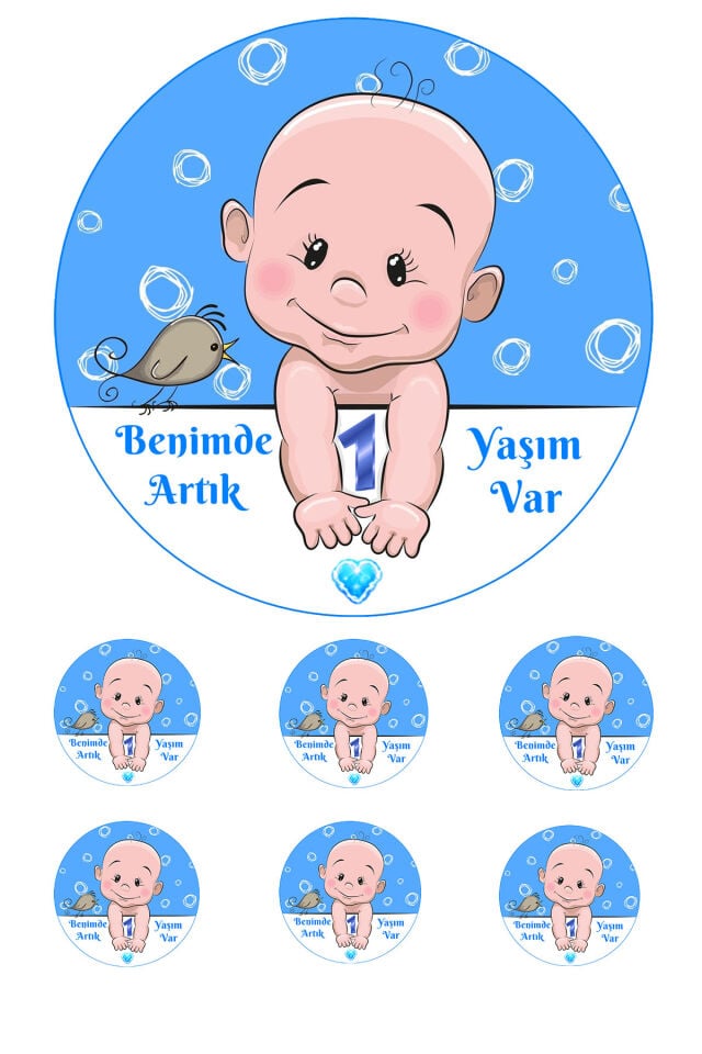Yenilebilir Pasta Resmi  Bir Yaş  Erkek Temalı Model 6-8-10 Kişilik Pastaya Uygun 16 cm Ebat