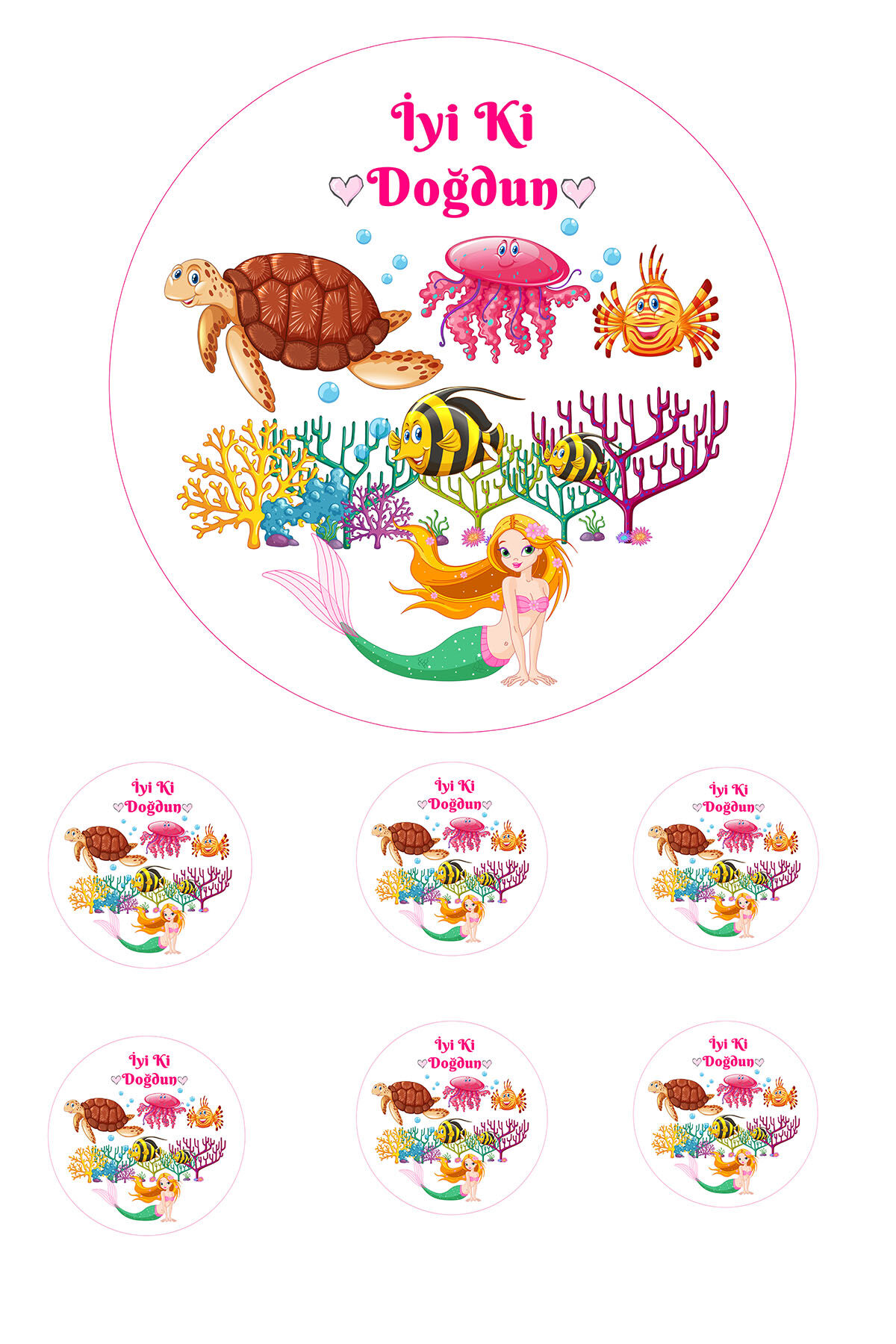 Yenilebilir Pasta Resmi Deniz Canlıları  Temalı Model 6-8-10 Kişilik Pastaya Uygun 16 cm Ebat