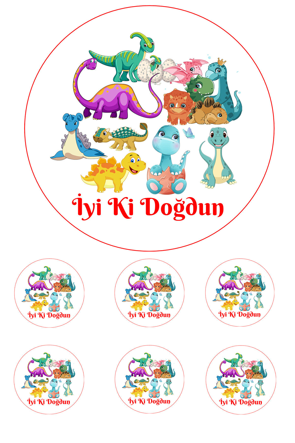Yenilebilir Pasta Resmi Sevimli Dinazorlar  Temalı Model 6-8-10 Kişilik Pastaya Uygun 16 cm Ebat