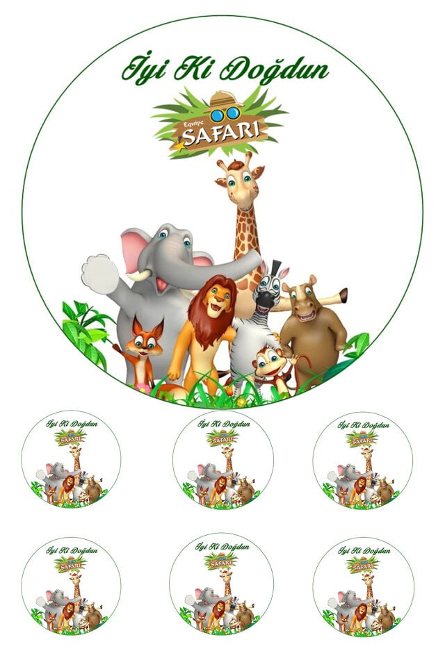Yenilebilir Pasta Resmi Safari Model 6-8-10 Kişilik Pastaya Uygun 16 cm Ebat
