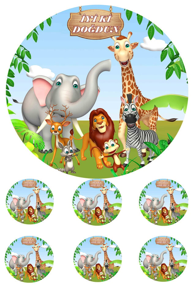 Yenilebilir Pasta Resmi Safari Model 6-8-10 Kişilik Pastaya Uygun 16 cm Ebat