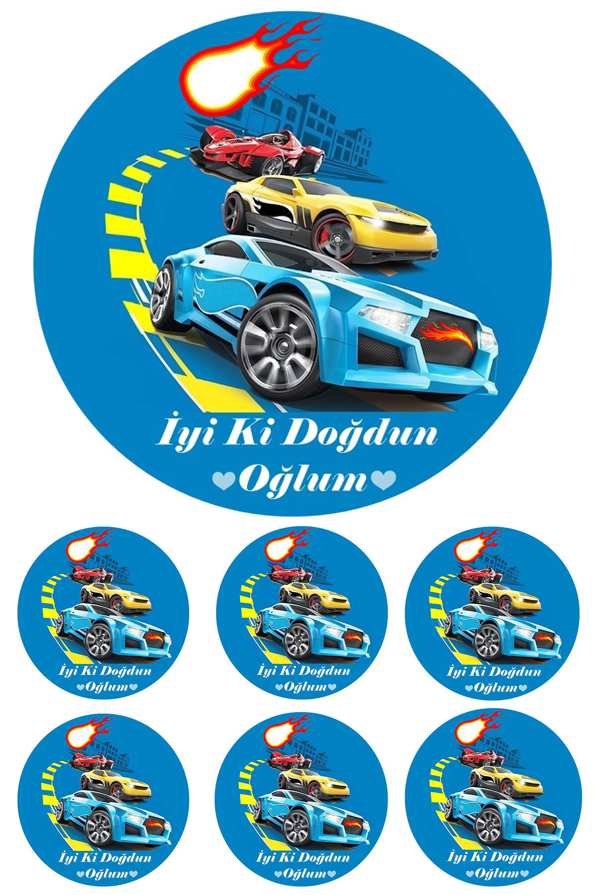 Yenilebilir Pasta Resmi Yarışan Arabalar Modeli 6-8-10 Kişilik Pastaya Uygun 16 cm Ebat