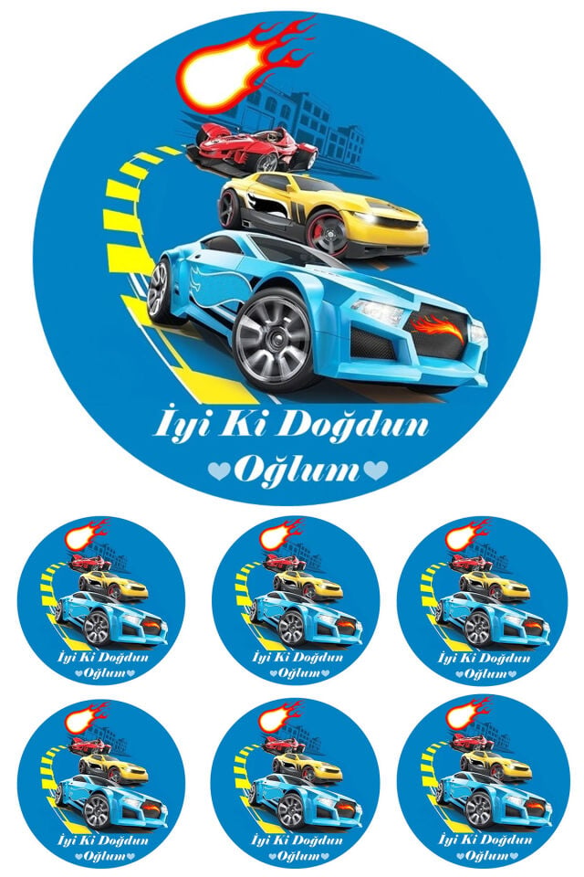 Yenilebilir Pasta Resmi Yarışan Arabalar Modeli 6-8-10 Kişilik Pastaya Uygun 16 cm Ebat